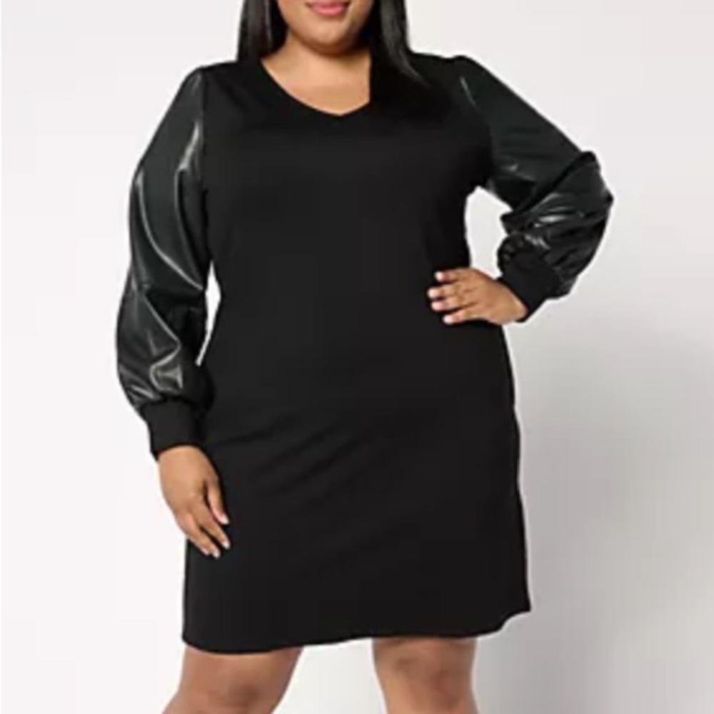 Belle By Kim Gravel Women XS Black Ponte Dress With Faux Leather Blouson Sleeves